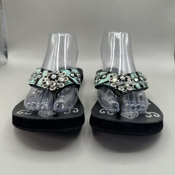Cowgirl Jewels Rhinestone Turquoise Black Leather Flip Flop Sandals Size 8 - Picture 3 of 9